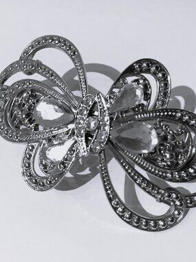 Vintage Ornate Silver Tone Metal Hair Barrette Clip w/ Faux Diamond Accents